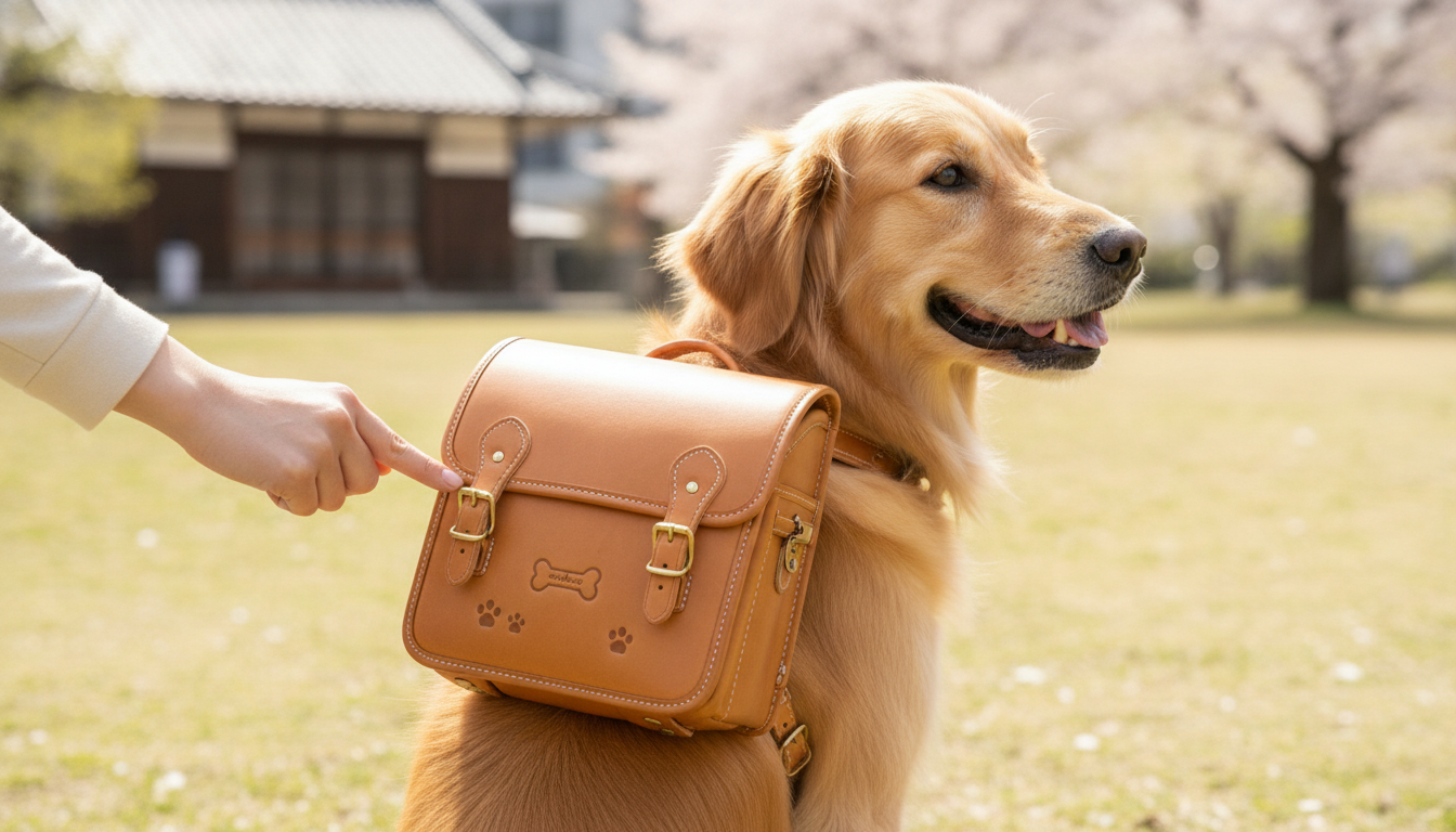デコピンが着用した犬用ランドセルは土屋鞄製造所の本格派