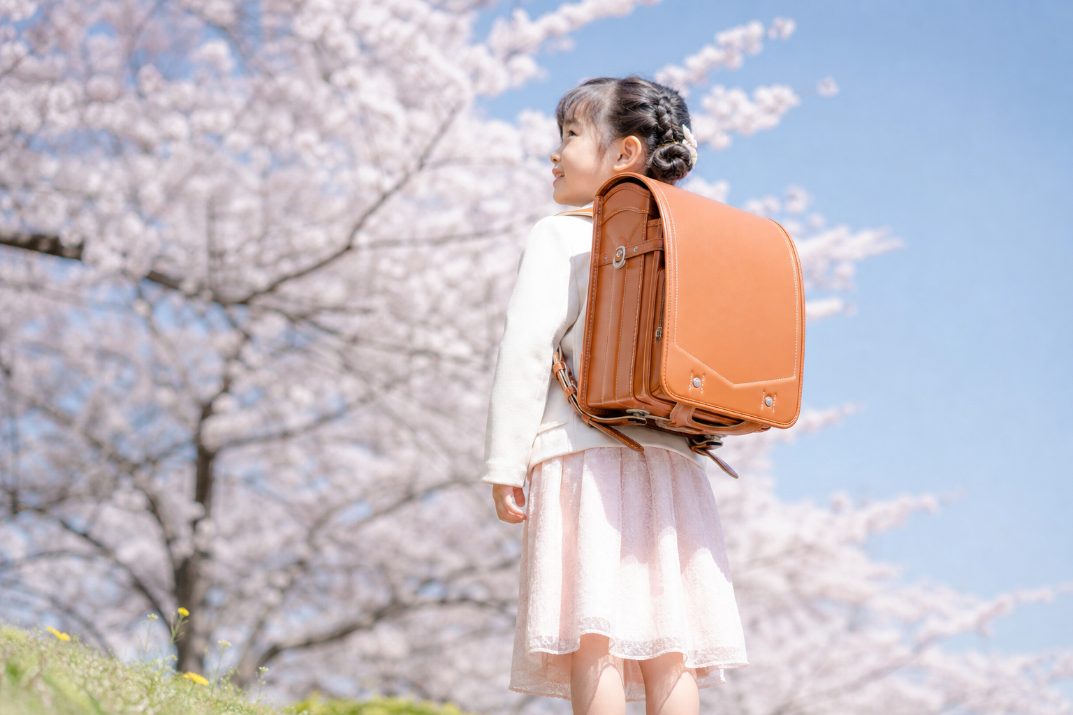 桜×ランドセル写真は「低いアングル」と「ランドセルが見えるポーズ」がポイント